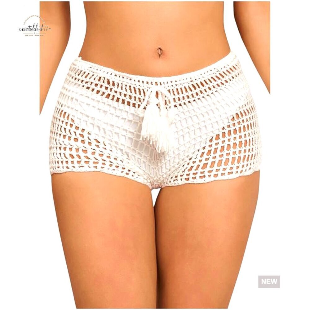 Crochet Hollow Out Tie Waist See Through Boho Shorts Coverup Small